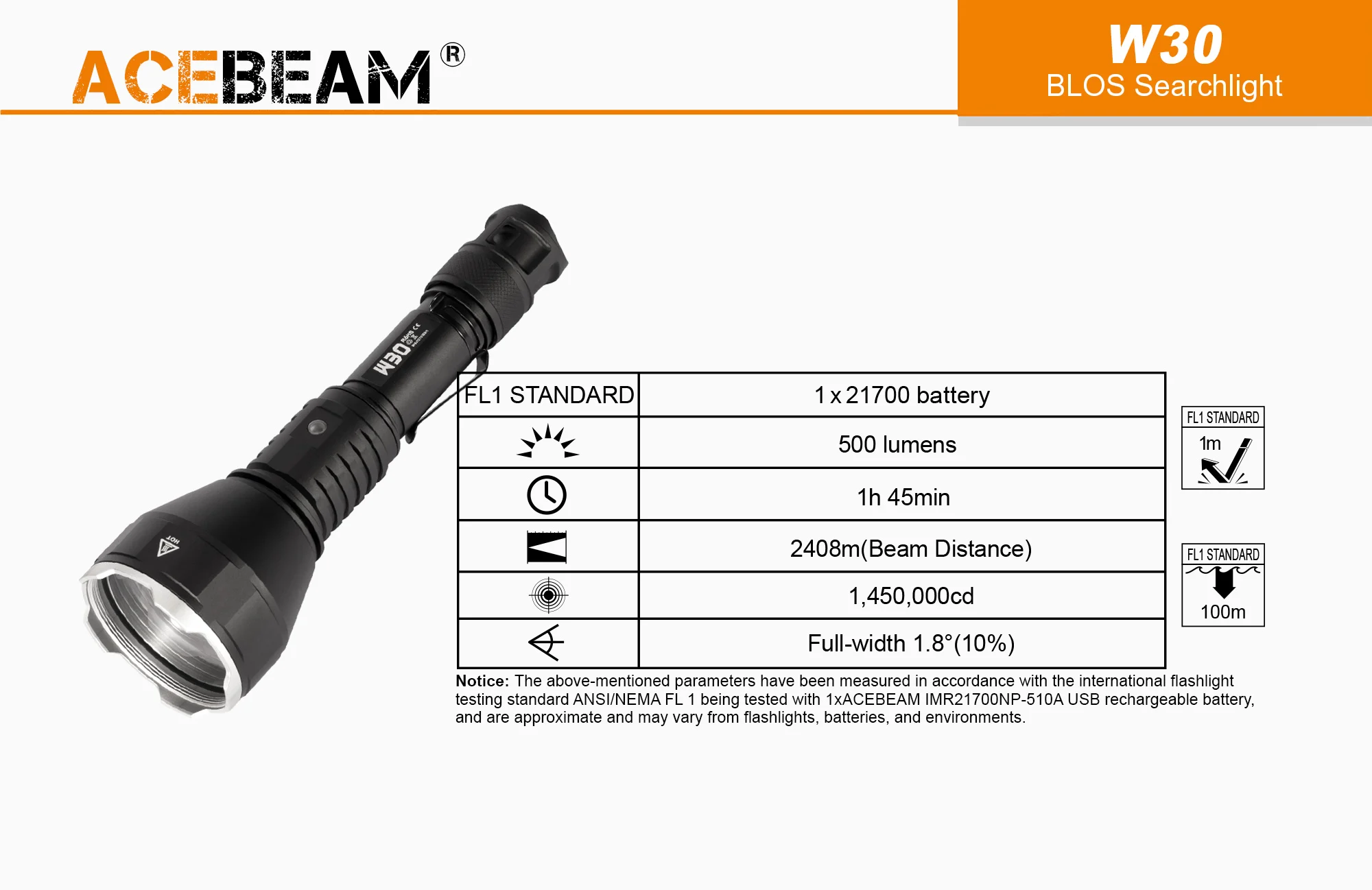 Acebeam W30 500 Lumens Long Range LEP White Laser Flashlight