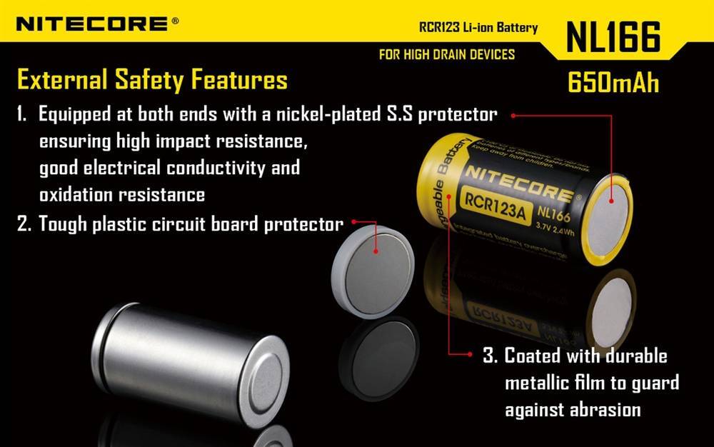 Nitecore NL166 650mAh Rechargeable RCR123A 16340 Battery