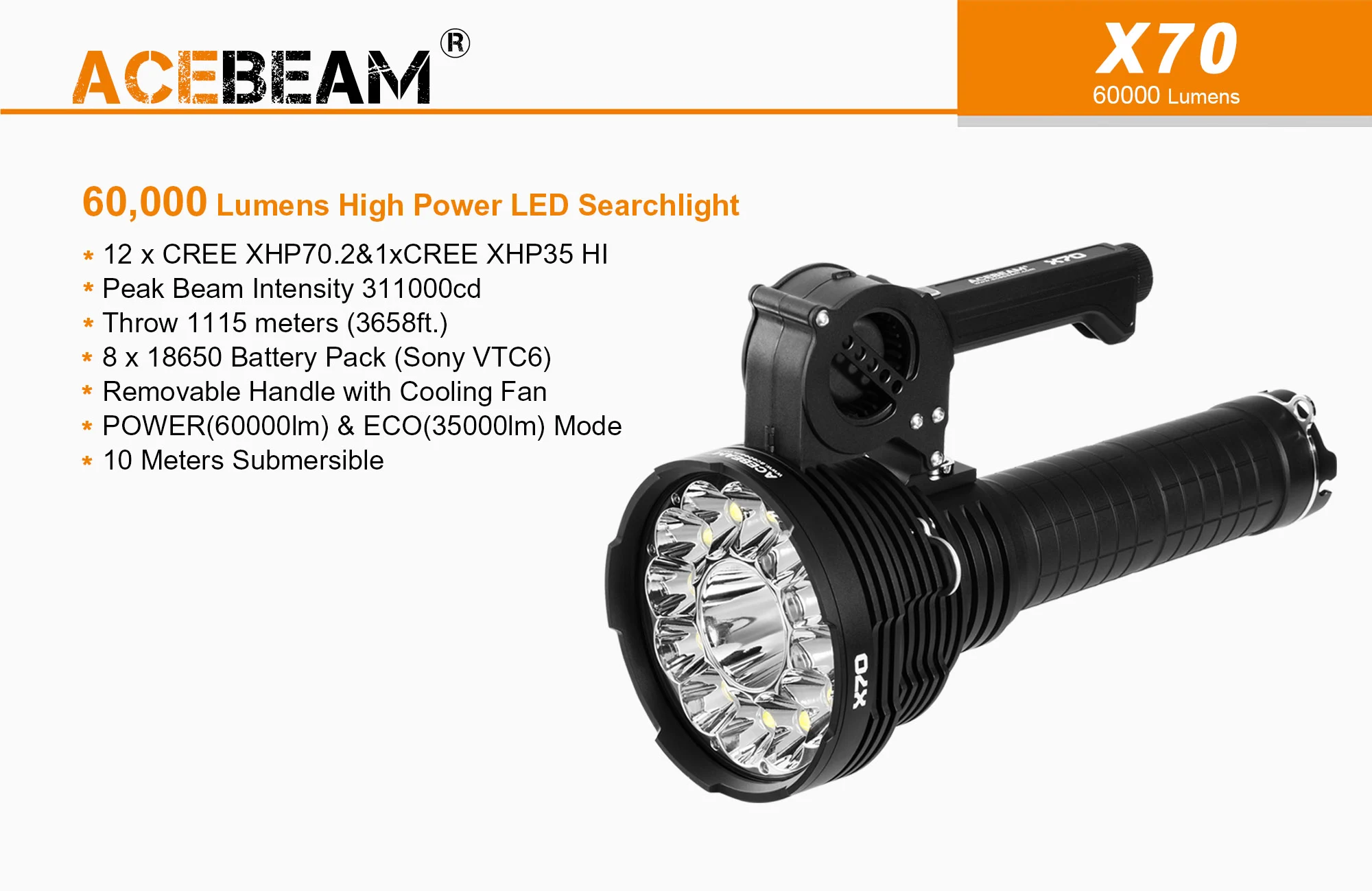 Acebeam X70 High Power LED 60000 Lumens Brightest Search Light
