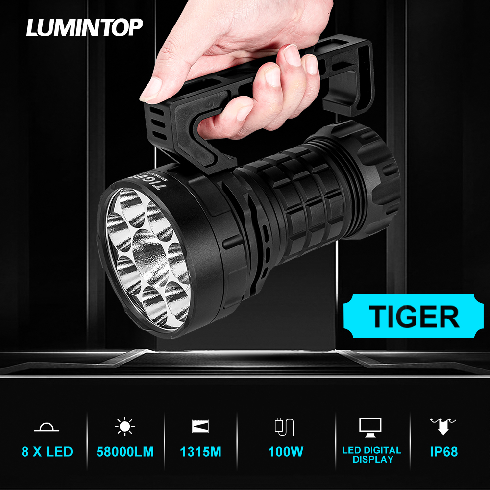 Lumintop Tiger 1*Cree XHP70.3 HI+7*Cree XHP70.2 HD LEDs 58000lm 1315m 21700 Flood Thrower Flashlight