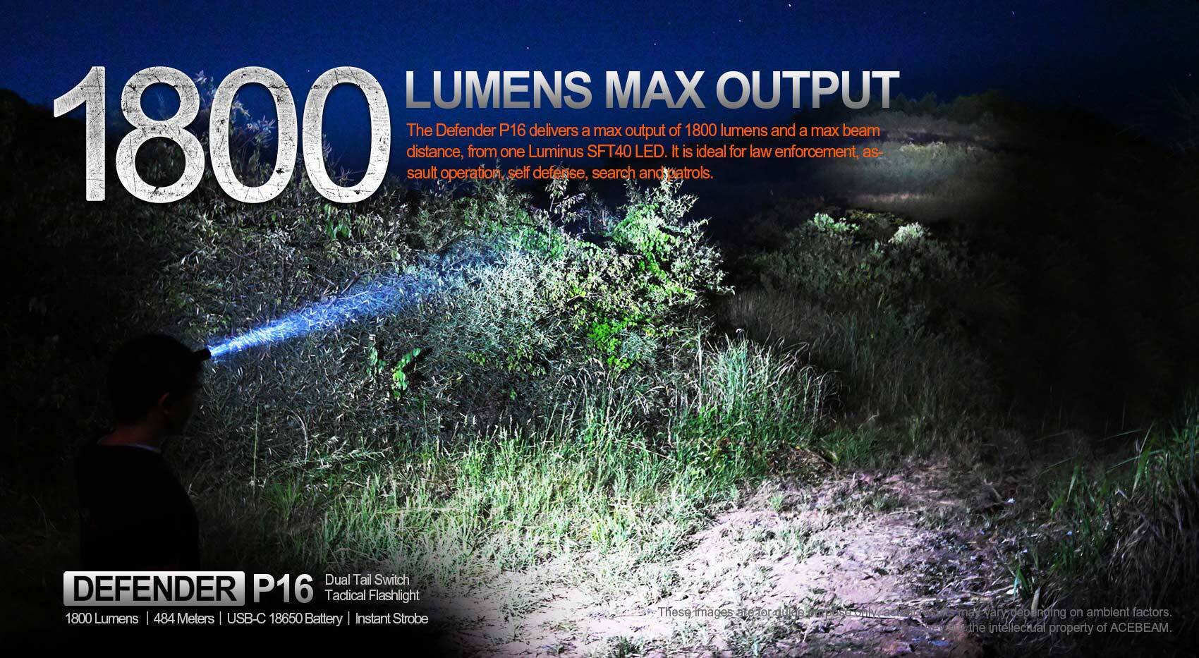 Acebeam Defender P16 Luminus SFT40 LED 1800 Lumens Dual Tail Switch Tac Flashlight