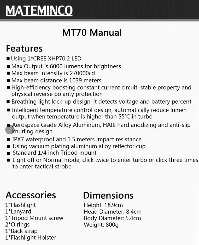 Mateminco MT70  XHP70.2 LED 6000 Lumens 1039 Meters Long Throw Flashlight Search Light