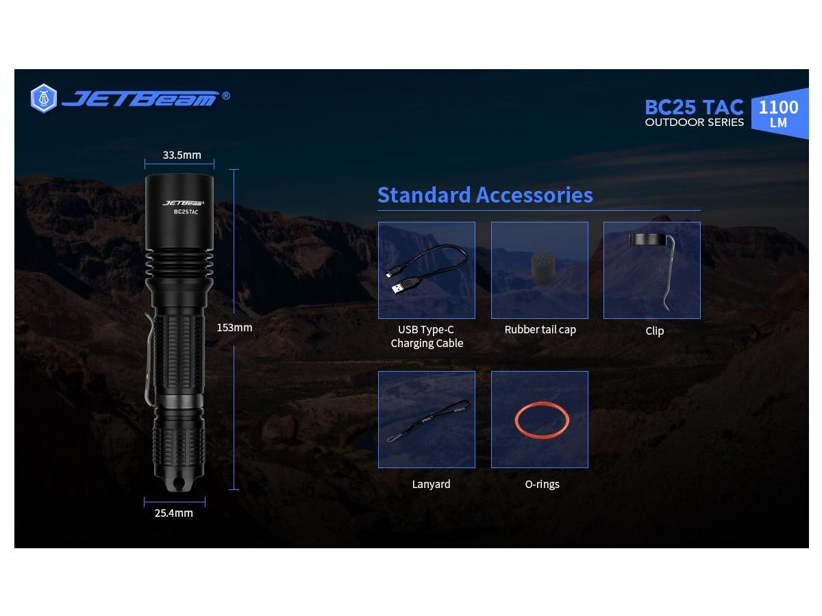 JETBeam BC25-TAC XP-L HI LED 1100 Lumens Outdoor Rechargeable Flashlight