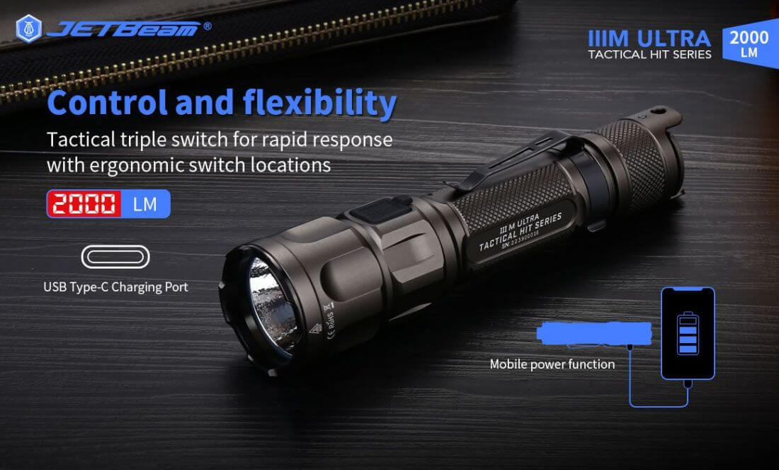 JETBeam 3M ULTRA XHP35 HD 2000 Lumens USB-C Rechargeable LED TAC Flashlight