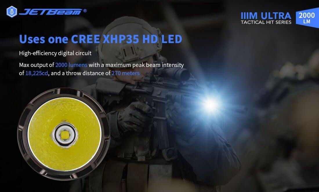 JETBeam 3M ULTRA XHP35 HD 2000 Lumens USB-C Rechargeable LED TAC Flashlight