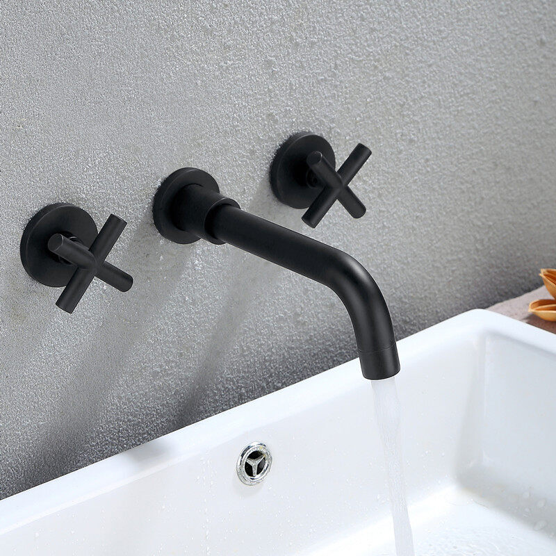 Basin Mixer Sink Taps Bathroom 3 Pieces Hole Cleaning Wall Mounted Matte Black