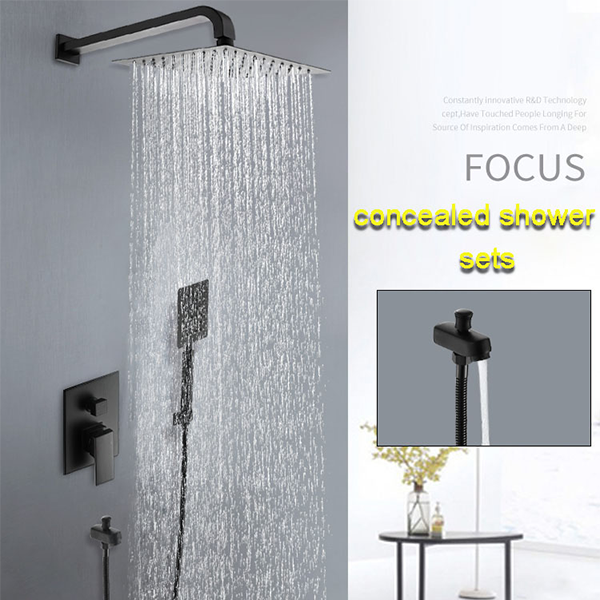 Bath & Shower Faucet Mixer Set Ceiling In-Wall Bathroom Mat Black Wall Mounted Two Function Sus304