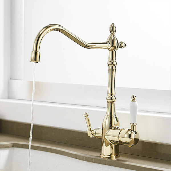 Kitchen Faucet Tap Water Filter Gold Colour Pvd Brass Antique Vintage Sanitary Wares Handle Double