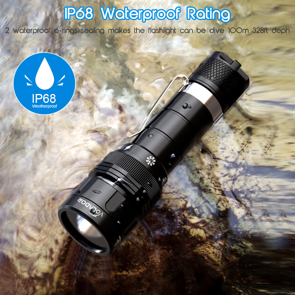 VOLADOR DF10 Mini Diving Flashlight 1080 Lumen Super Bright LED Dive Torch, IPX8 Waterproof Underwater 100m 328ft Submersible Light with 1 x 18650 Rechargeable Batteries and Charger  