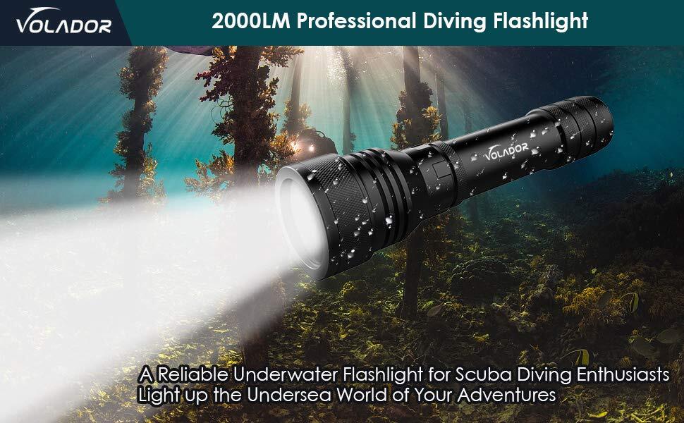 VOLADOR DF20 Scuba Diving Flashlight Cree XHP50 2000 Lumens High Brightness LED Dive Torch, IPX8 Waterproof Underwater 150m 492ft  Submersible Light Include 2 x 18650 Rechargeable Batteries and Charger  