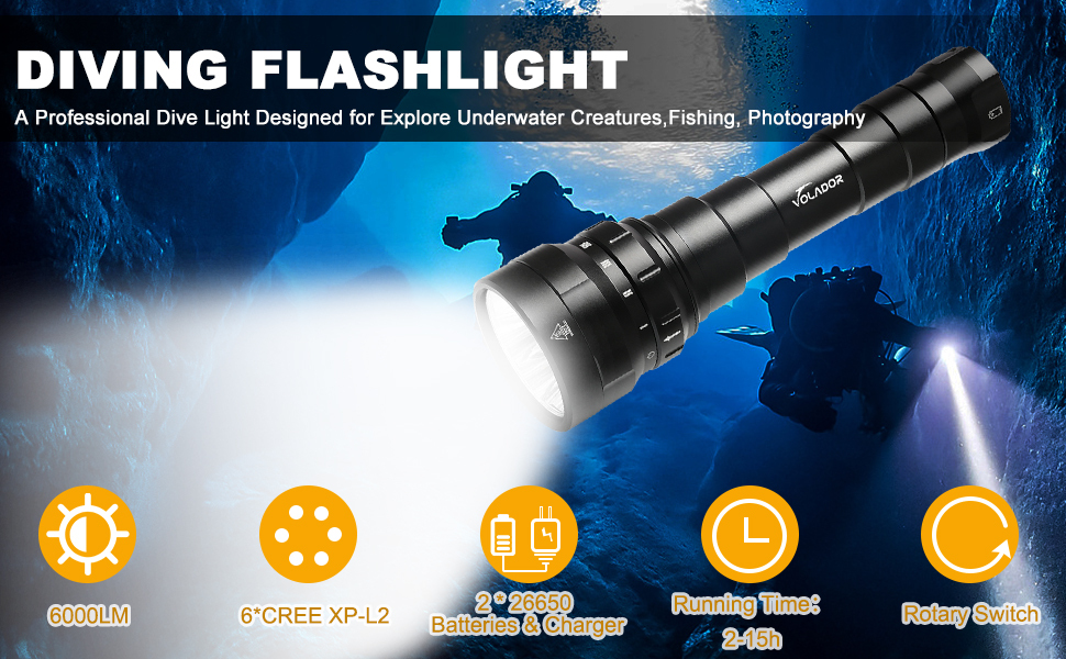 VOLADOR DF60 Diving Flashlight 6 Cree XP-L2 6000 Lumen Super Bright Scuba Dive Torch, IPX8 Waterproof Underwater 150m 492ft Submersible Light with 2 x 26650 Rechargeable Batteries and Charger  