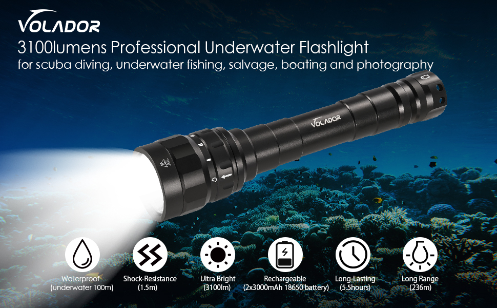 VOLADOR DF30 Scuba Diving Flashlight Cree XPL 3100 Lumens High Brightness LED Dive Torch, IPX8 Waterproof Underwater 100m 328ft  Submersible Light Include 2 x 18650 Rechargeable Batteries and Charger  