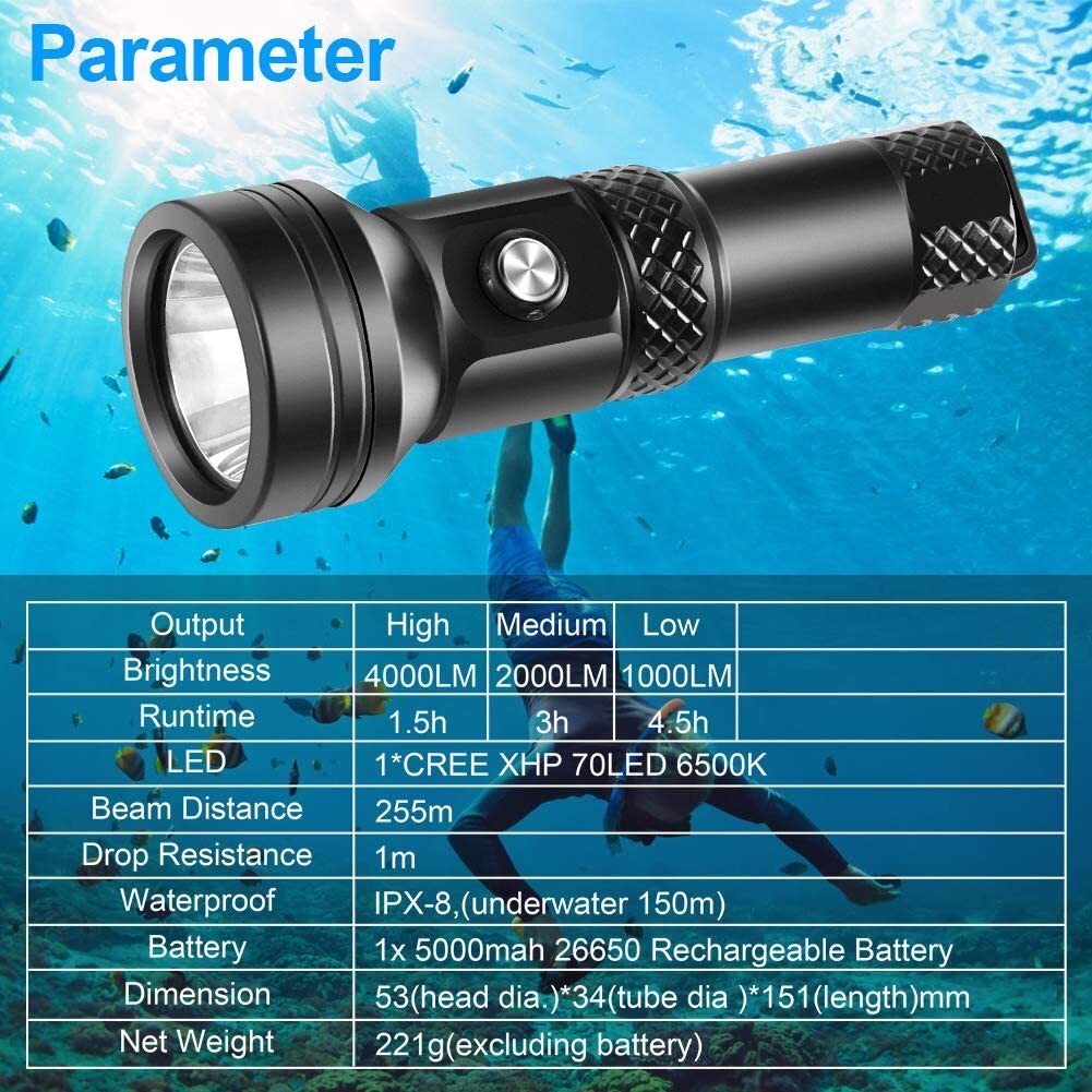 VOLADOR DF40 Scuba Diving Flashlight Cree XHP70 4000 Lumens High Brightness LED Dive Torch, IPX8 Waterproof Underwater 150m 492ft  Submersible Light Include 1 x 26650 Rechargeable Battery and Charger  