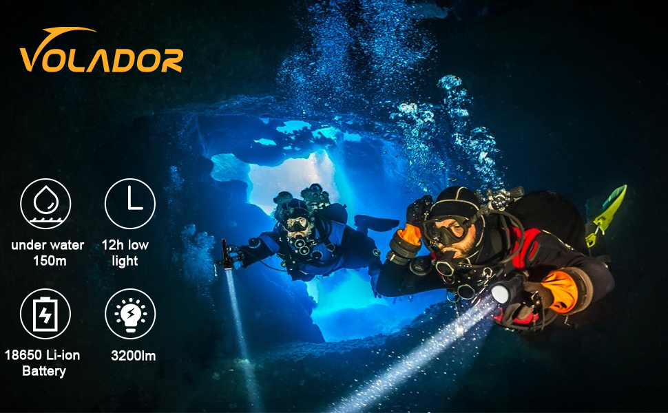 VOLADOR DF50 Scuba Diving Flashlight Luminus SST70 3200 Lumens 6500K High Brightness LED Dive Torch, IPX8 Waterproof Underwater 150m 492ft  Submersible Light Include 2 x 18650 Rechargeable Battery and Charger  