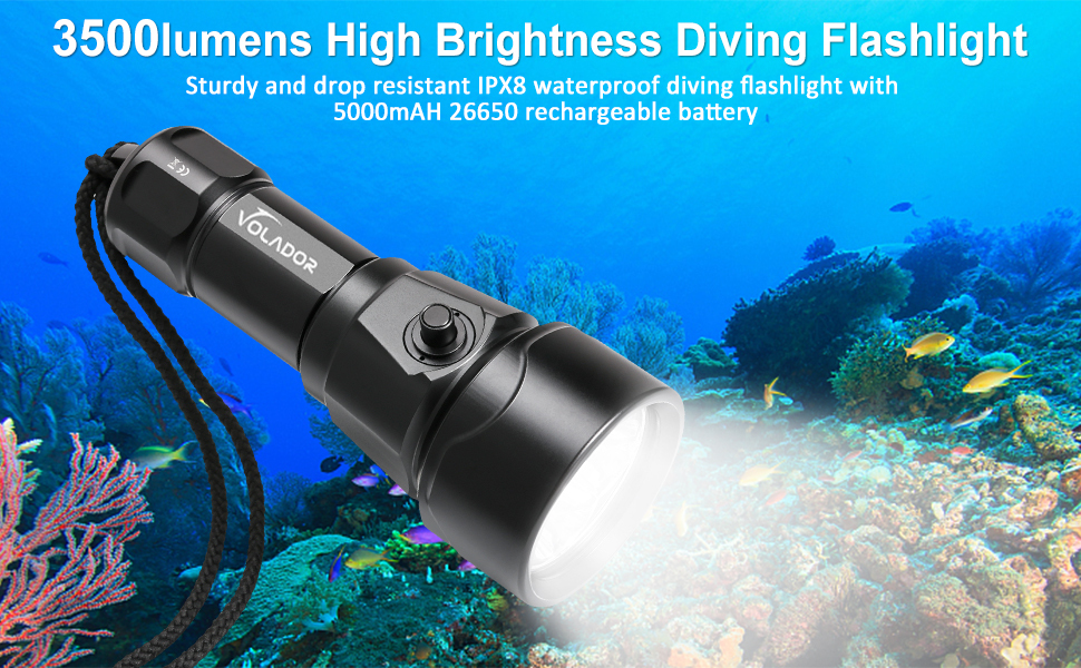  VOLADOR DF51 Scuba Diving Flashlight 4 Cree XM-L2 3500 Lumens High Brightness LED Dive Torch, IPX8 Waterproof Underwater 150m 492ft  Submersible Light Include 1 x 26650 Rechargeable Battery and Charger  