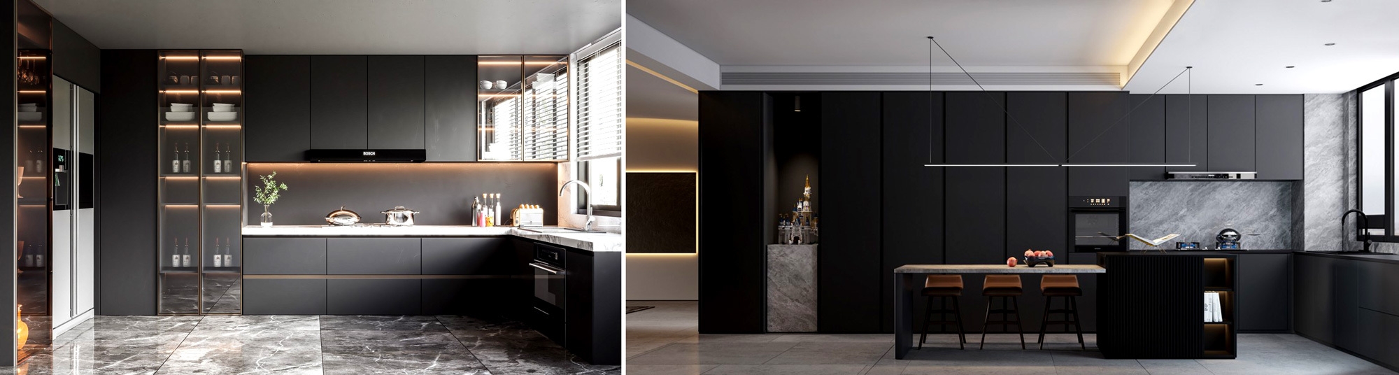 Black cabinets and grey walls style