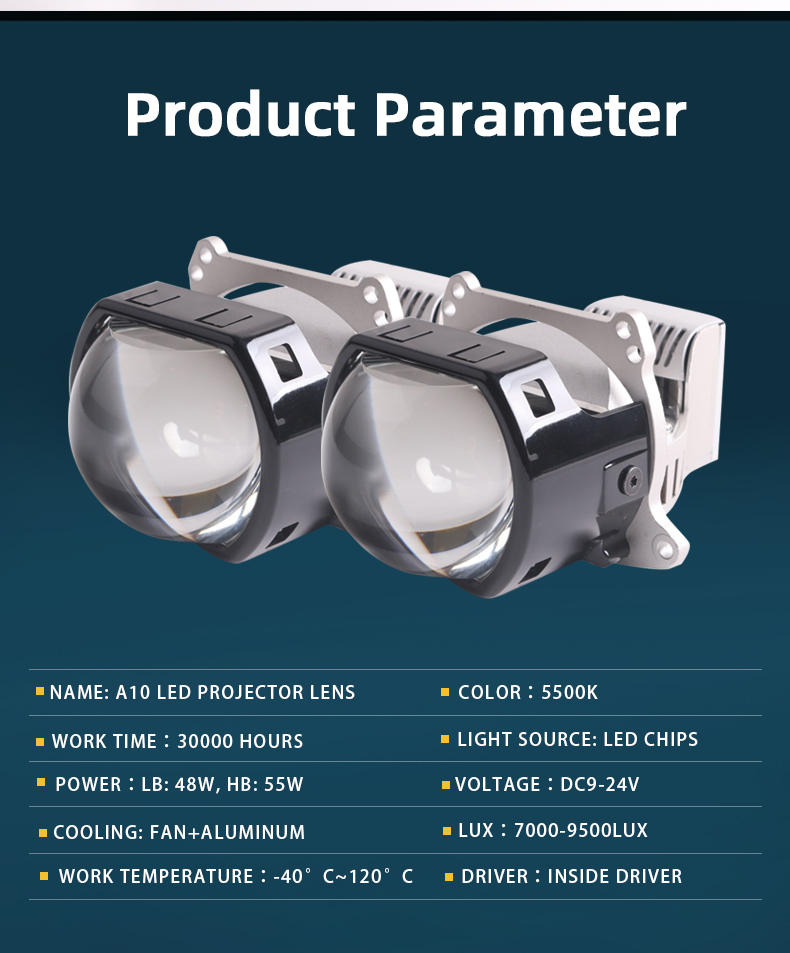 Sanvi Factory New Arrival OEM ODM Customize 3 Inch A10 Silver Color Matrix Bi Led Projector Lens Headlight Super Bright 55w 6000k Automotive Led Lighting Bulbs  