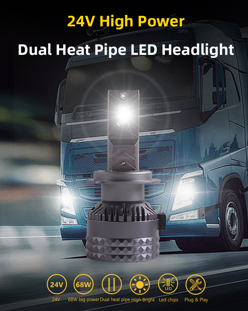 Sanvi New 24v 68w Truck Led Headlight Bulbs H1 H3 H4 H7 Fan 16000Lm Auto C6 Dual Heat Pipe LED Headlamps Plug Play Aftermarket Auto Lighting   