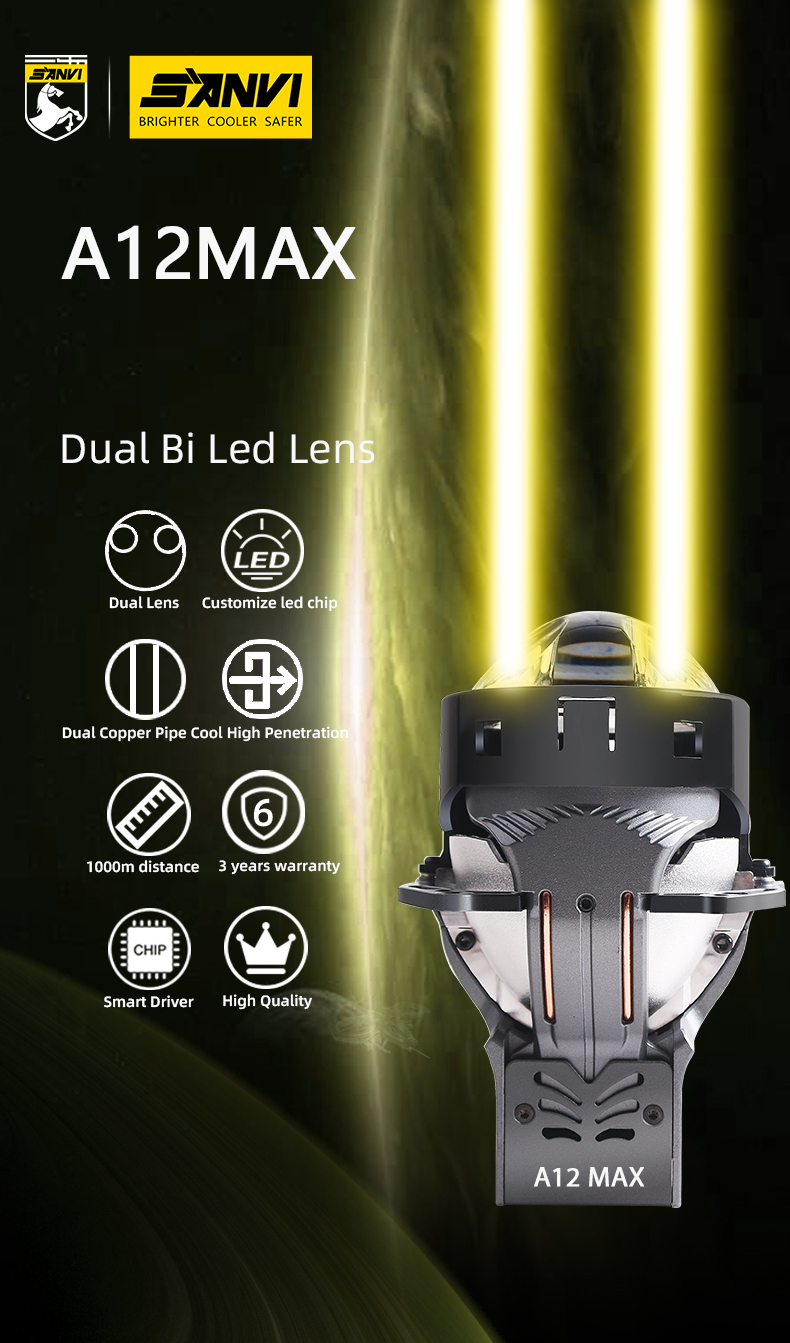 Sanvi factory customize OEM ODM 3 inch A12MAX Bi LED Projector Lens Headlight 80w 5500k super bright automotive light system  