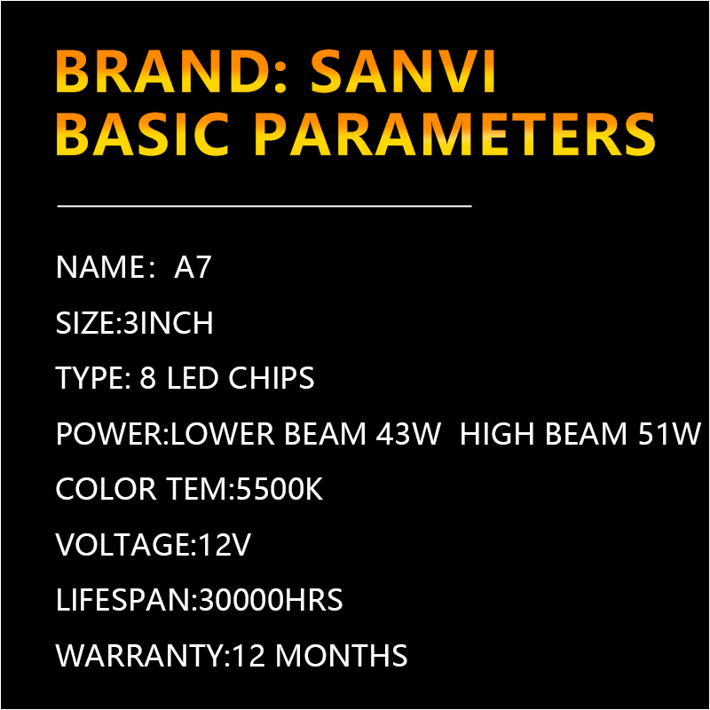 Sanvi auto lights 3 inch A7 bi led projector lens headlight 55w 6000k automotive auto lighting system bi led lens retrofit kits  