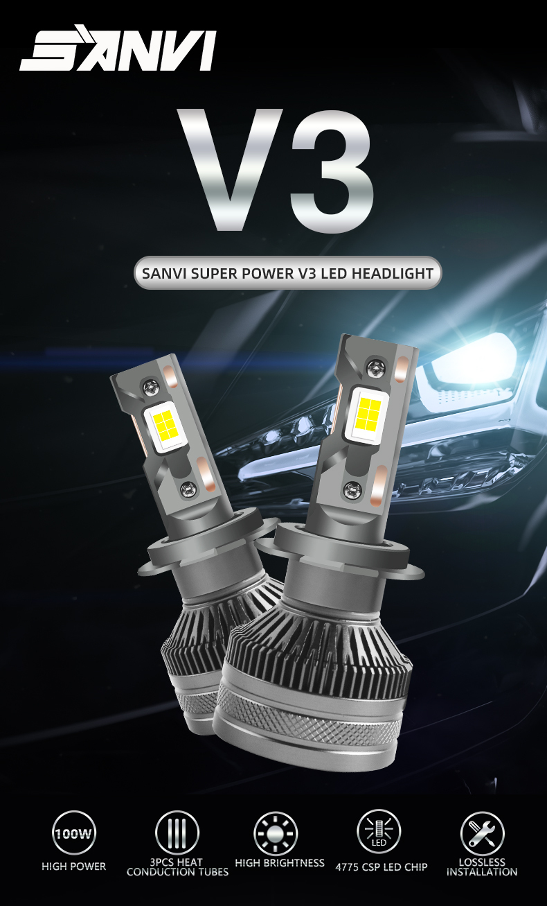 Sanvi new arrival V3 led headlight bulbs 80w h1 h4 h7 h11 9005 9006 9012 aftermarket automotive auto lighting systems canbus free auto headlamps  
