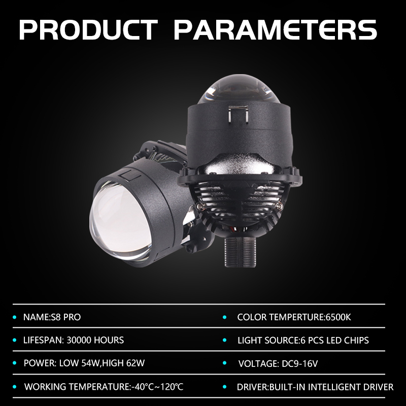 Sanvi New S8PRO 2.5 Inch Bi Led Projector Lens Headlights 54w 62w 6000k Super Bright Automotive Led Lighting System Bi-led Lens Headlamp 2.5  