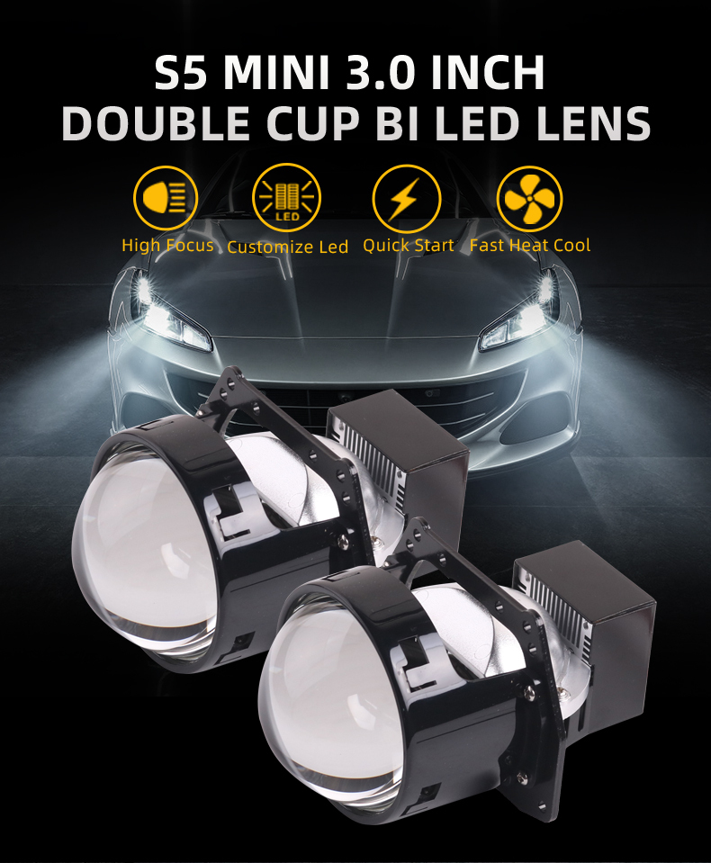 Sanvi auto lighting S5 bi led lens 3.0 inch double cup bi led projector auto lighting system aftermarket auto lights Universal projector headlight conversion kits  
