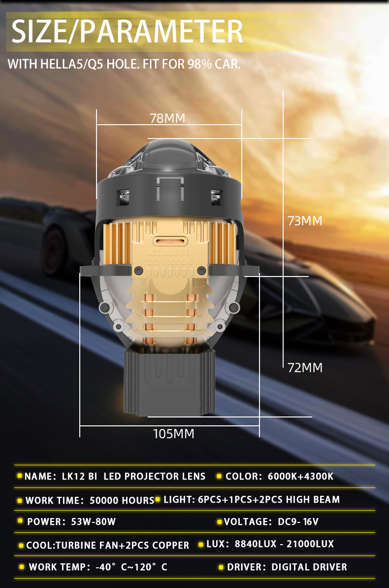 Sanvi Auto Lighting New 3 Inch 53W-80W 6000K Super Brightness Aftermarket Auto Lights LK12 Bi Led Projector Lens Headlights  