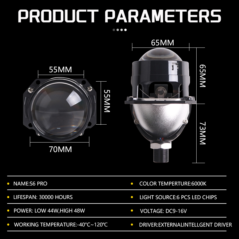 Sanvi 2024 New Arrival 2.5 inch S6 Pro Led Projector Lens 5500K 48W Single Reflector Lossless Led Lens for Car  