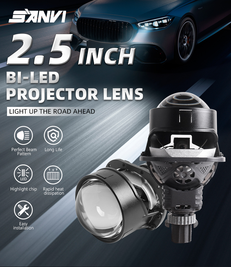 Sanvi auto lights new arrival S5-1 2.5 inch bi led projector lens headlight 54w 58w 5500k with 2pcs led chips light reflector cups aftermarket auto lights system  