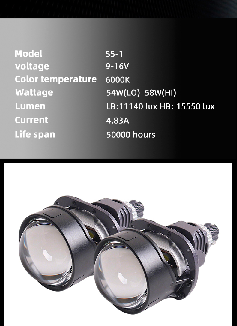 Sanvi auto lights new arrival S5-1 2.5 inch bi led projector lens headlight 54w 58w 5500k with 2pcs led chips light reflector cups aftermarket auto lights system  