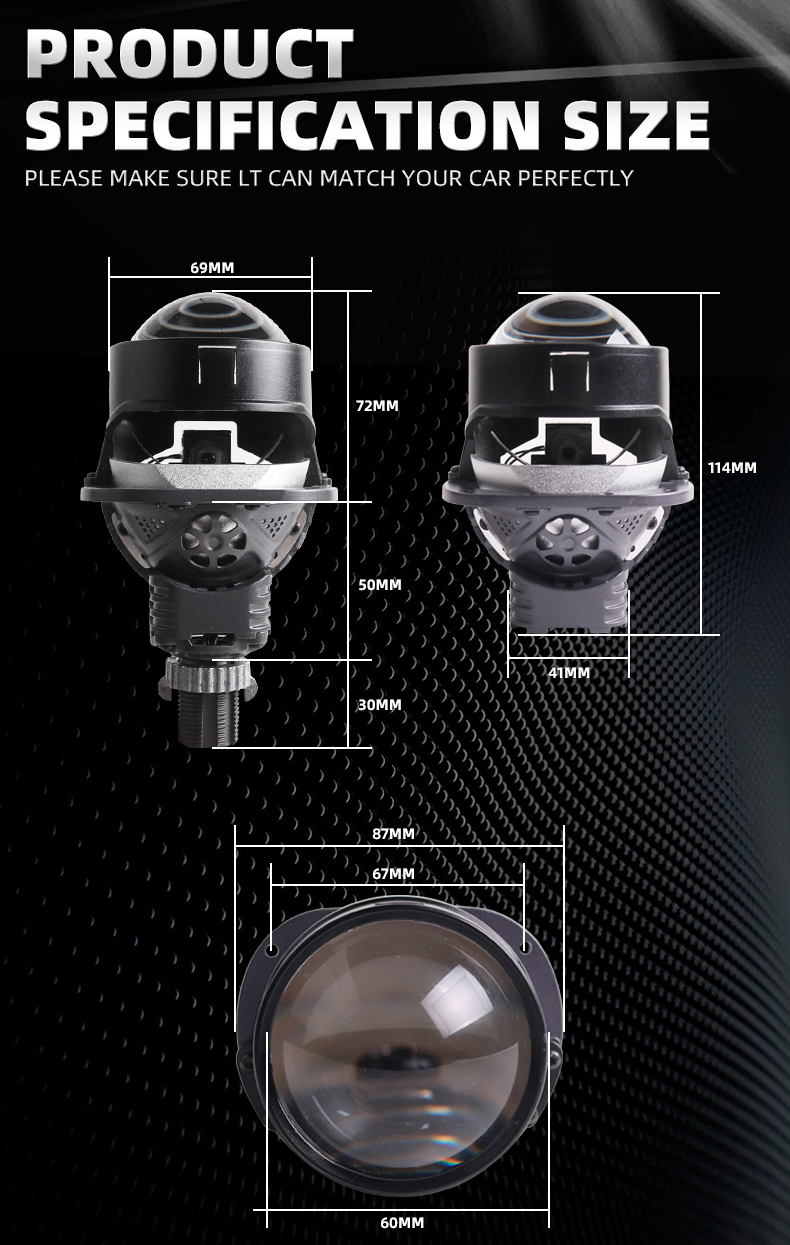 Sanvi auto lights new arrival S5-1 2.5 inch bi led projector lens headlight 54w 58w 5500k with 2pcs led chips light reflector cups aftermarket auto lights system  