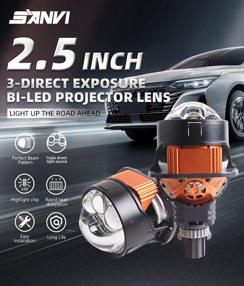 High quality Sanvi new arrival 12v S5-3 2.5 36W 51W 6000K inch bi led projector lens headlight with 2pcs direct high beam lens for car light motorcycle light  