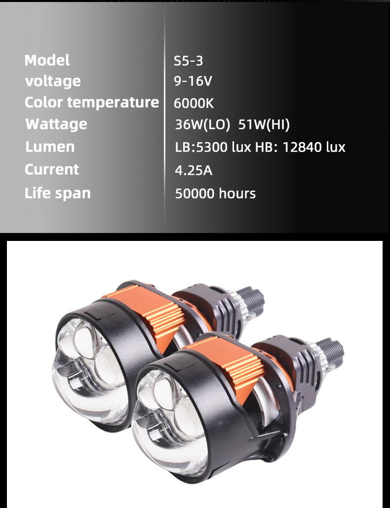 High quality Sanvi new arrival 12v S5-3 2.5 36W 51W 6000K inch bi led projector lens headlight with 2pcs direct high beam lens for car light motorcycle light  