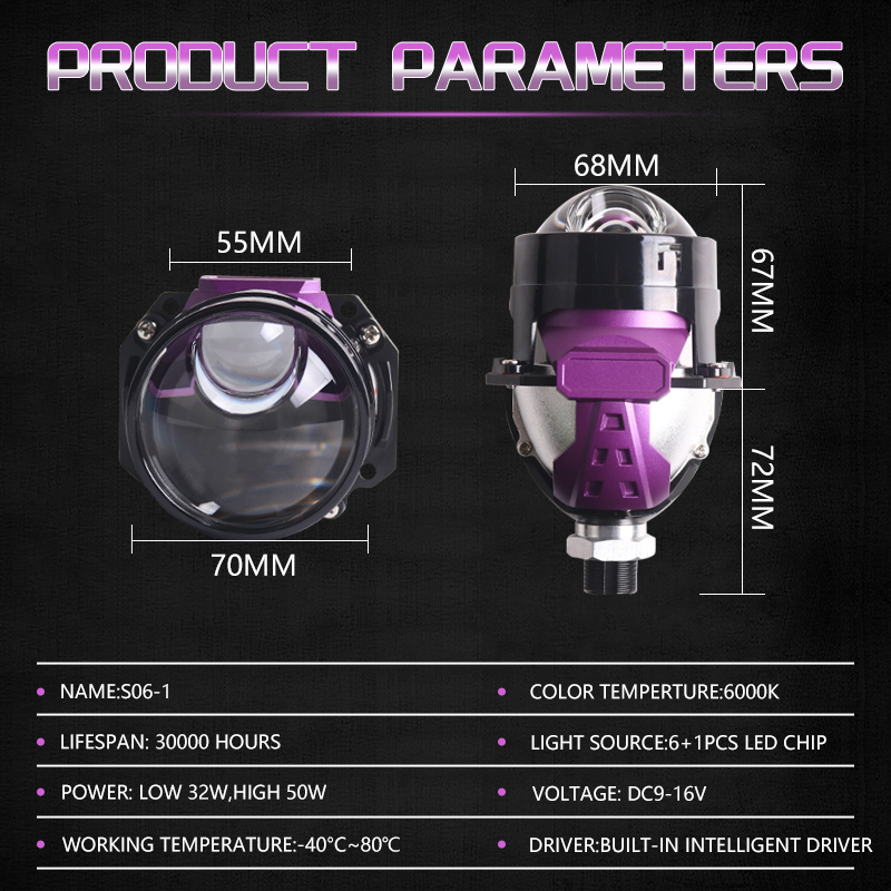 Aftermarket automotive S06-1 2.5 inch 32w 50w 6000k universal fitting car led projector lens headlight retrofit conversion kits  
