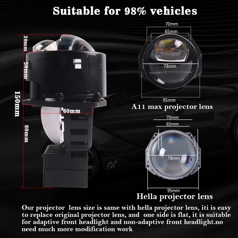 Aftermarket popular hot sale 3 inch 12V 45W 73W 6000K HD transparent glass or blue glass universal fitting A11MAX car led projector lens headlights   