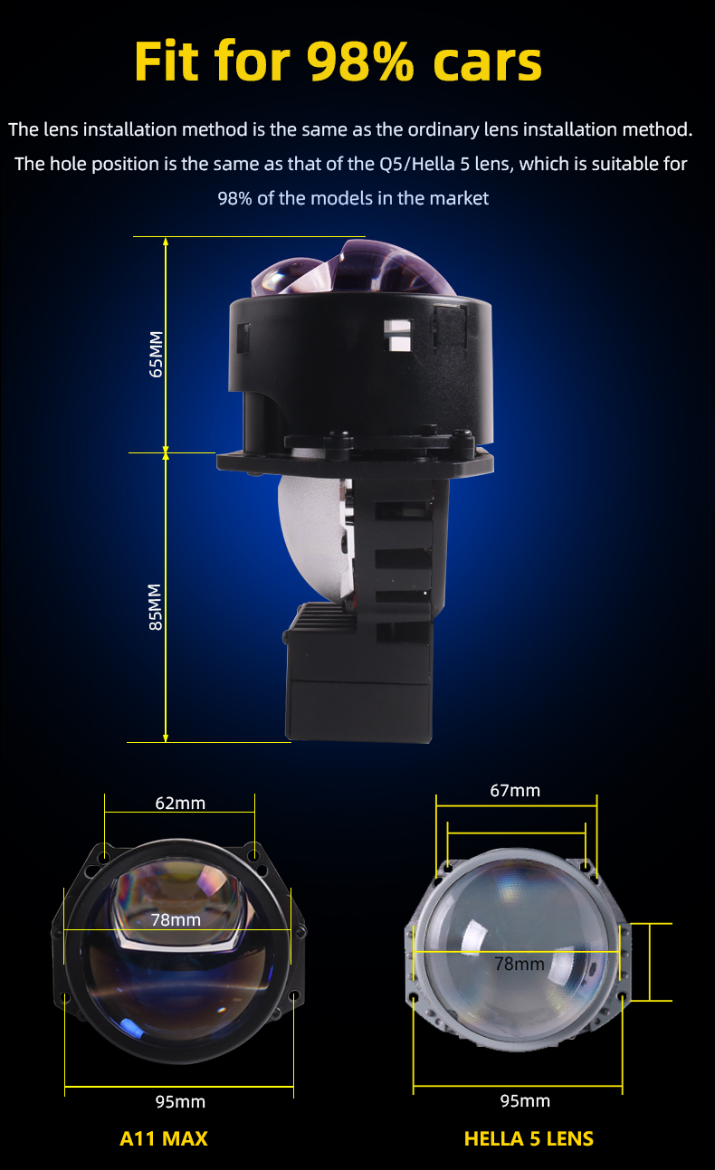 Aftermarket popular hot sale 3 inch 12V 45W 73W 6000K HD transparent glass or blue glass universal fitting A11MAX car led projector lens headlights   