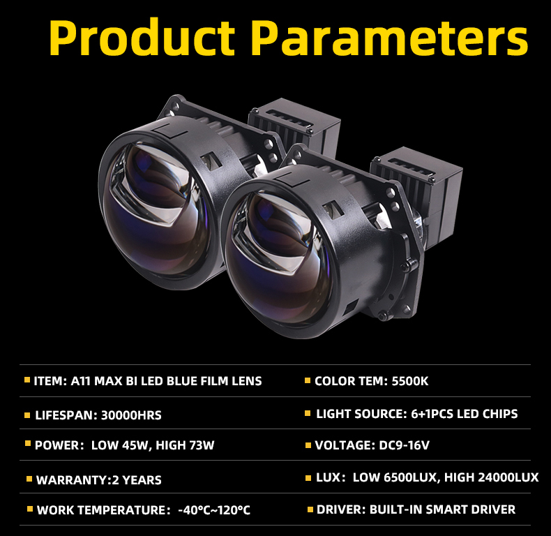 Aftermarket popular hot sale 3 inch 12V 45W 73W 6000K HD transparent glass or blue glass universal fitting A11MAX car led projector lens headlights   
