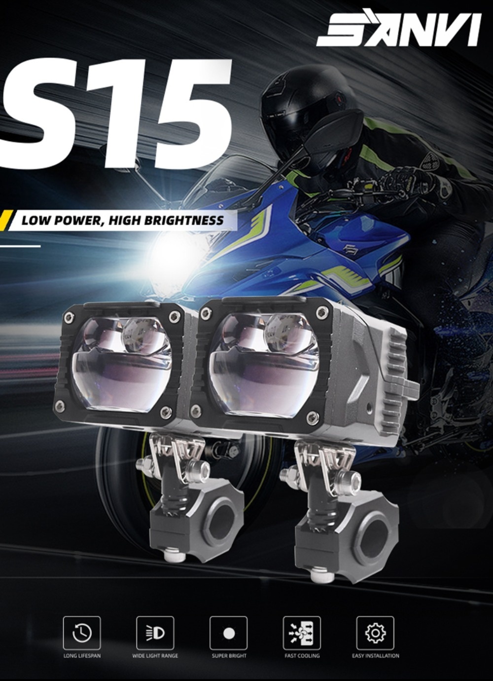 SANVI brand new arrival 12v 33w 55w  5500k S15 motorcycle led spotlight work light fog lamp led flash light for moto  