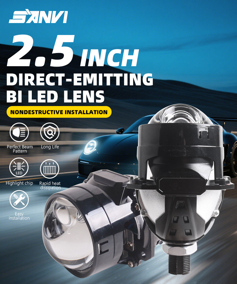Sanvi Auto Light Accessories 45 W 6000K 2.5 Inch S61 Led Projector Lens Headlight Lamp Upgrade for Car Motorcycle  
