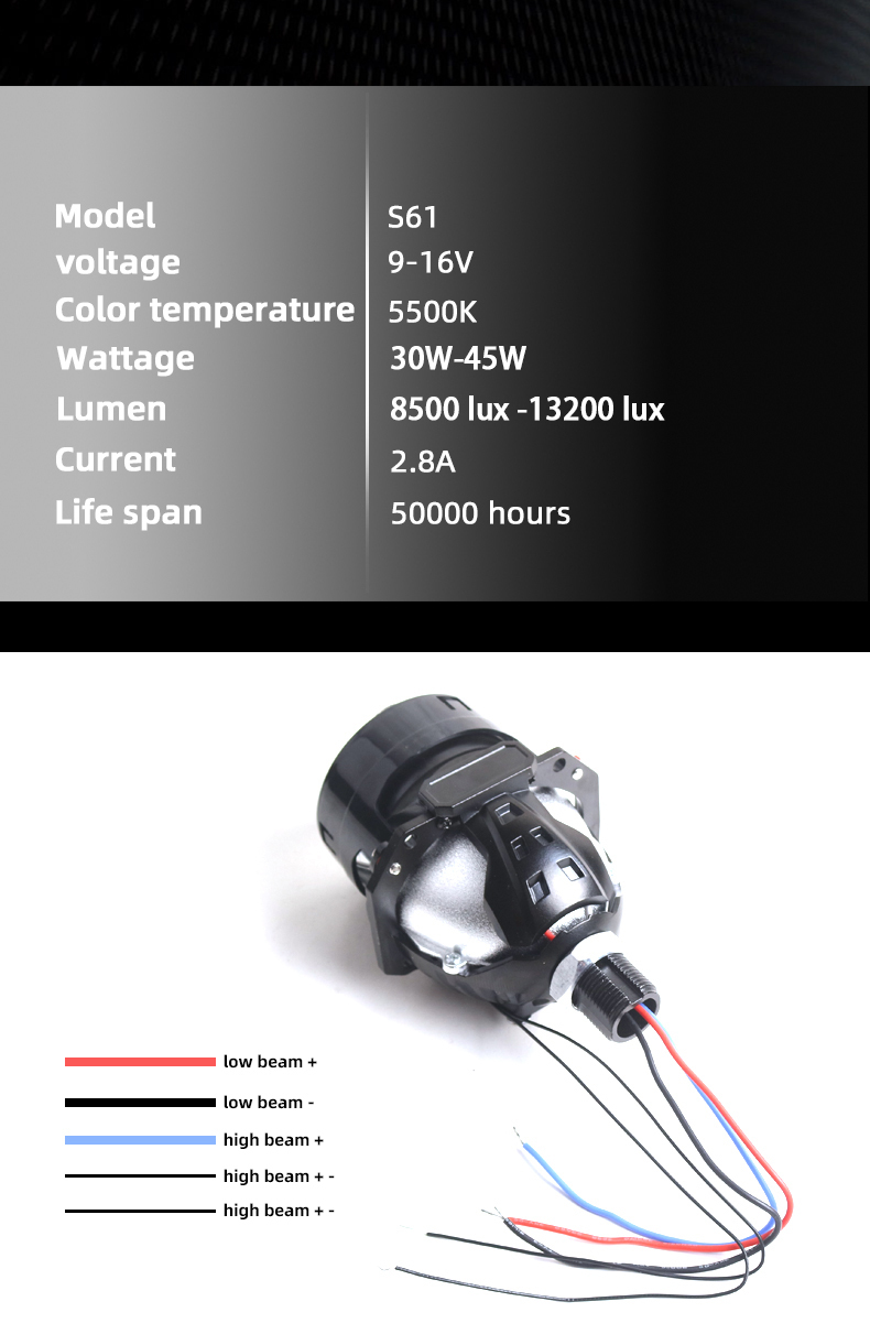 Sanvi Auto Light Accessories 45 W 6000K 2.5 Inch S61 Led Projector Lens Headlight Lamp Upgrade for Car Motorcycle  
