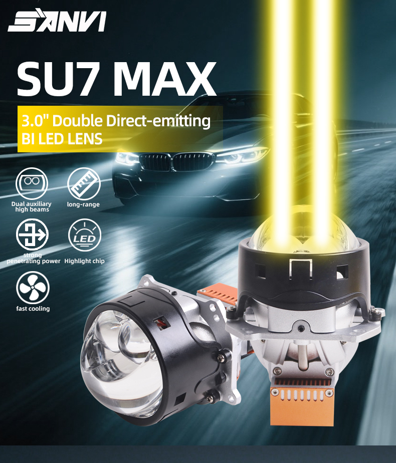 Sanvi auto lighting system new arrival 3 inch 52w 81w 6000k Universal SU7MAX high low beam bi led projector lens headlights for car and motorcycle lights  