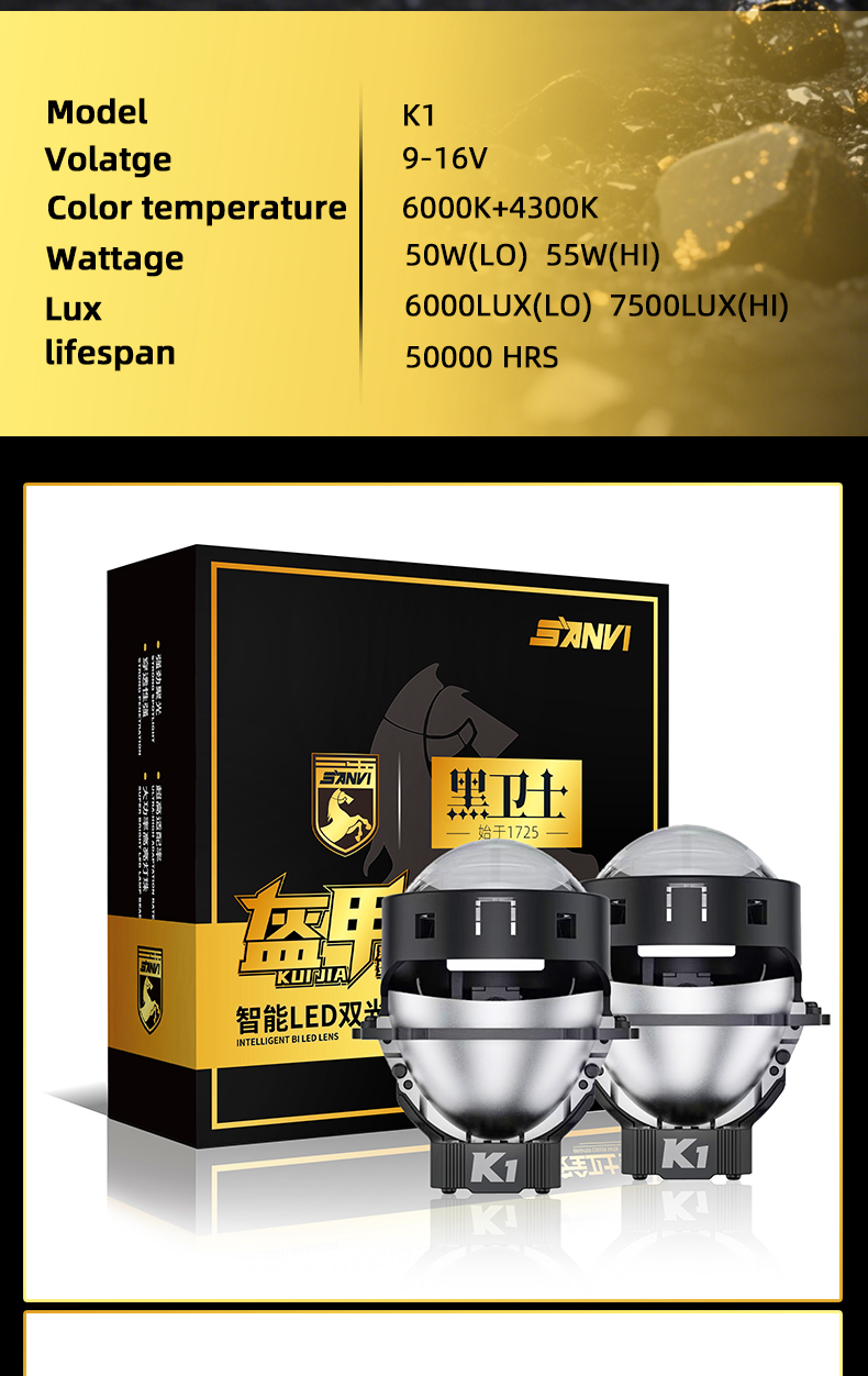 Sanvi KUIJIA Armor Series Especially for Agents Abroad 3 inch Size 55W 6000K K1 LED Projector Lens Headlights Upgrading Retrofit Kits for Car Motorcycle Lights  