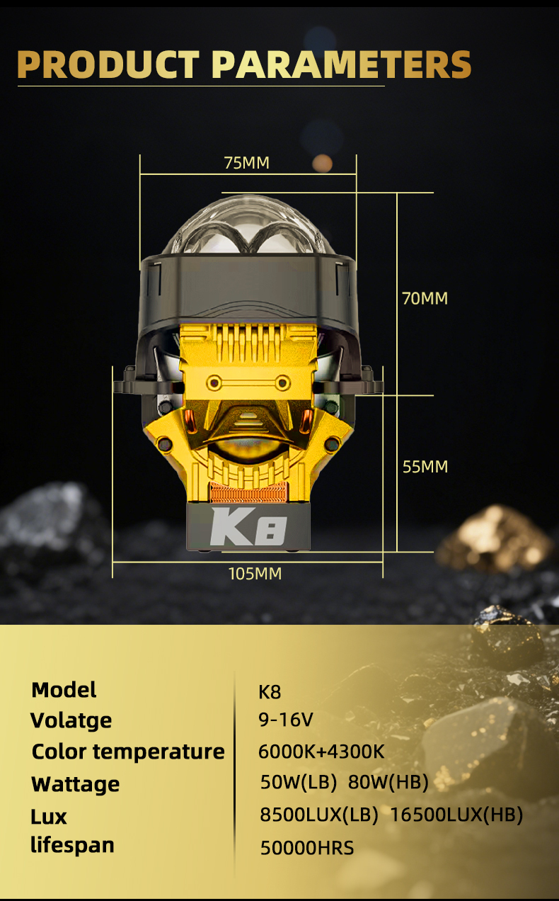 Sanvi KUIJIA Armor Series Especially for Agents Abroad 3 inch Size 80W 6000K K8 LED Projector Lens Headlights Upgrading Retrofit Kits for Car Motorcycle Headlights  