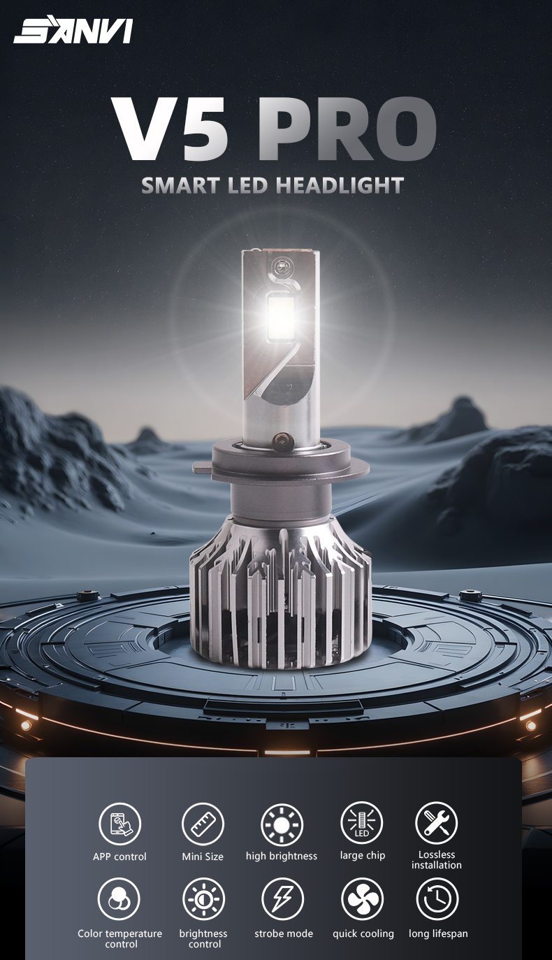 Sanvi brand aftermarket auto lighting system plug and play 70w 3000k 4300k 6000k h1 h4 h7 h11 9005 9006 9012 ai bluetooth app control led headlight bulbs  