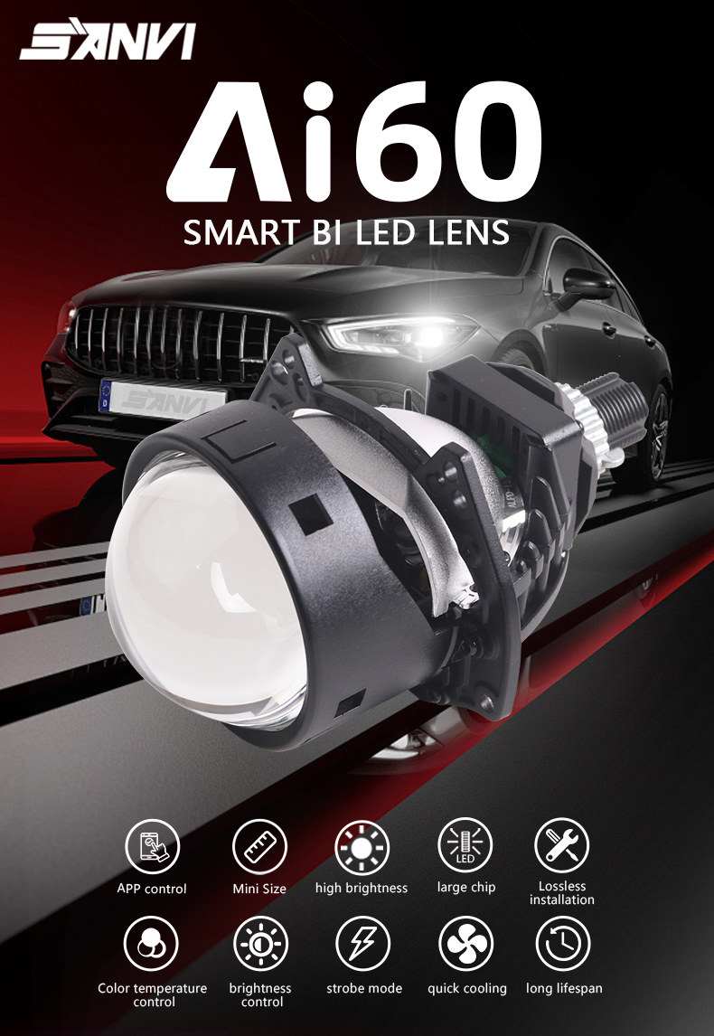 Sanvi auto lights new arrive 3 inch h4 h7 9005 61w 3000k 4500k 6000k Ai60 APP bluetoothe controlled 3 inch led projector lens headlights for car motorcycle headlight  