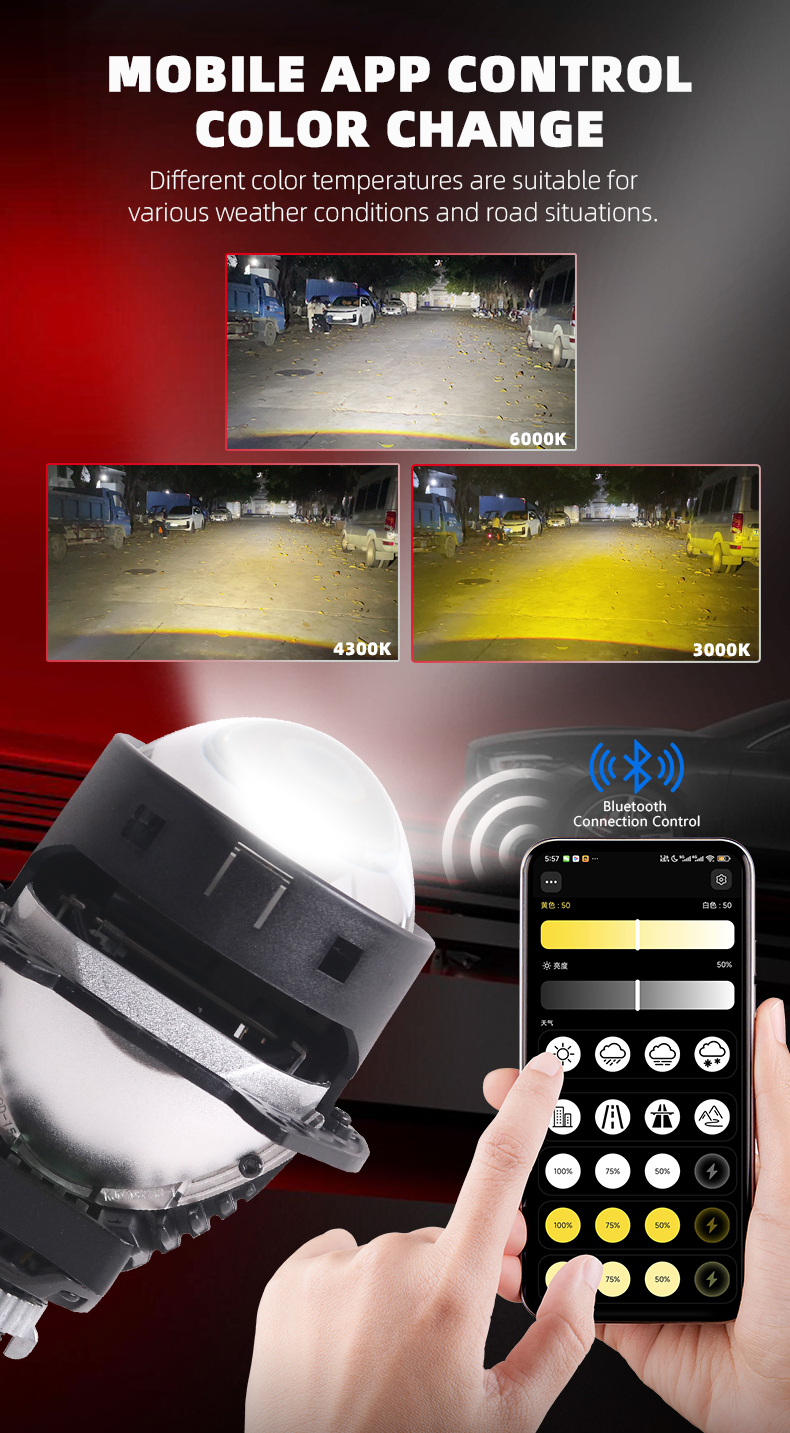 Sanvi auto lights new arrive 3 inch h4 h7 9005 61w 3000k 4500k 6000k Ai60 APP bluetoothe controlled 3 inch led projector lens headlights for car motorcycle headlight  