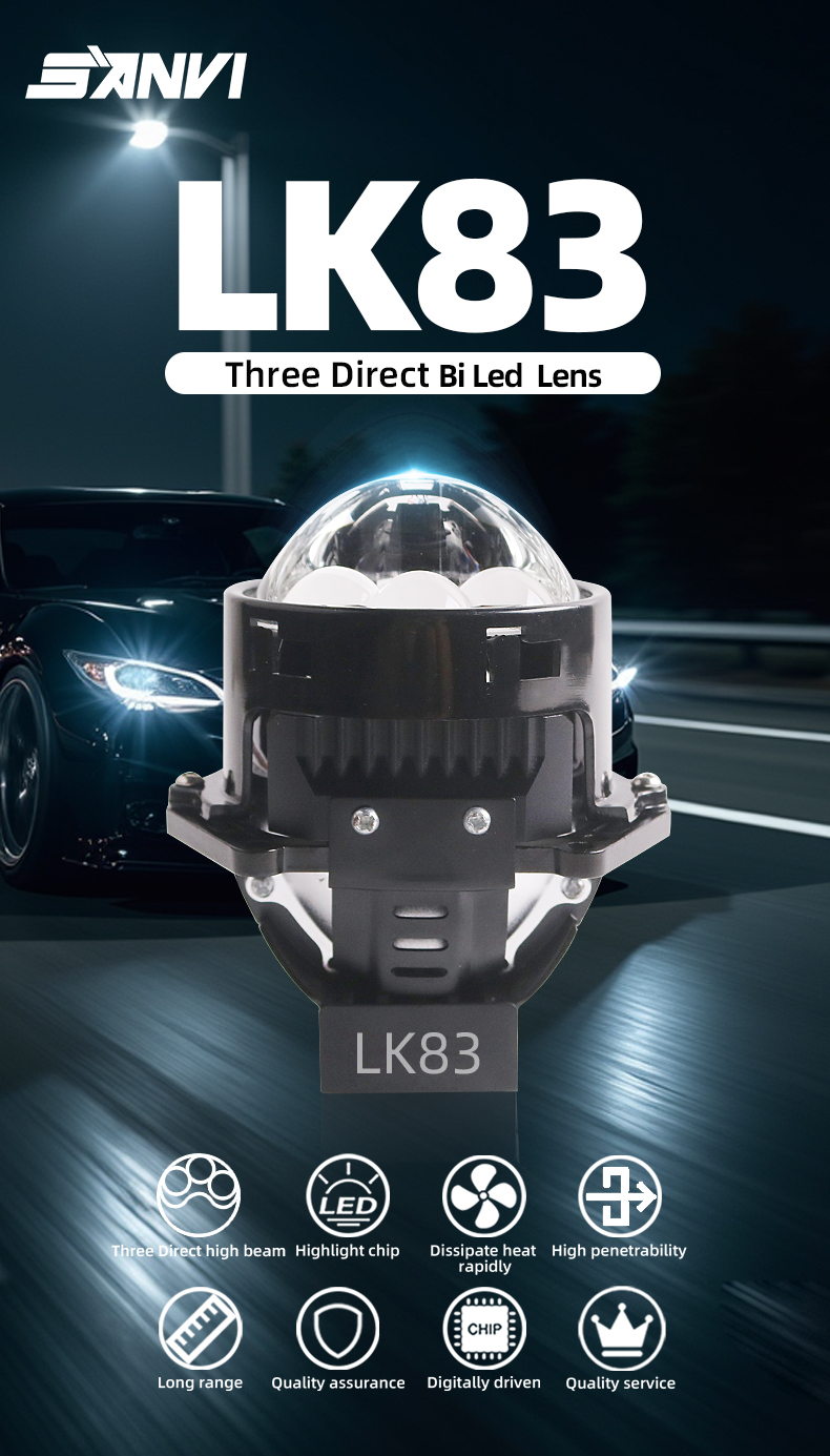 Sanvi aftermarket auto lighting systems universal fitting 3 inch LK83 car led projector lens headlights 3.0 45w 80w 6000k super bright auto light factory from China  