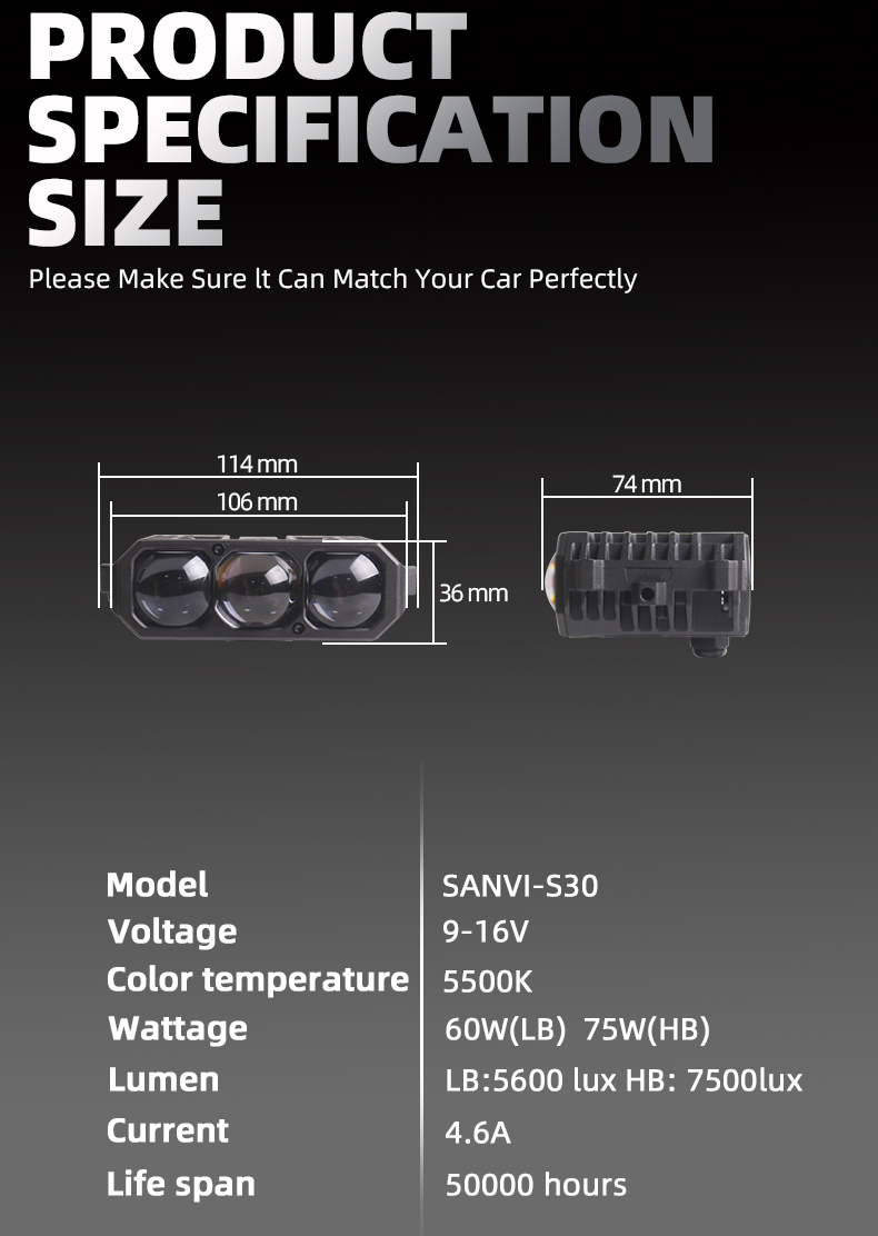 Sanvi Automotive LED Lamps S30 Car Light 60W Low 90W High Beam 6000K White Light - Grille/Head/Fog/Work/Driving Lights  