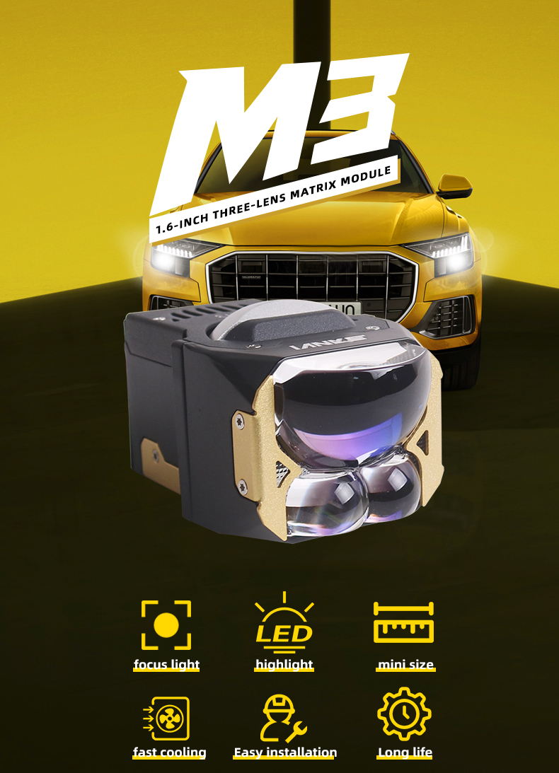 Sanvi auto lighing system new arrival 1.6 inch M3 matrix led projector lens headlight moduel with 2pcs direct high beam lens for car and motorcyce lamps  